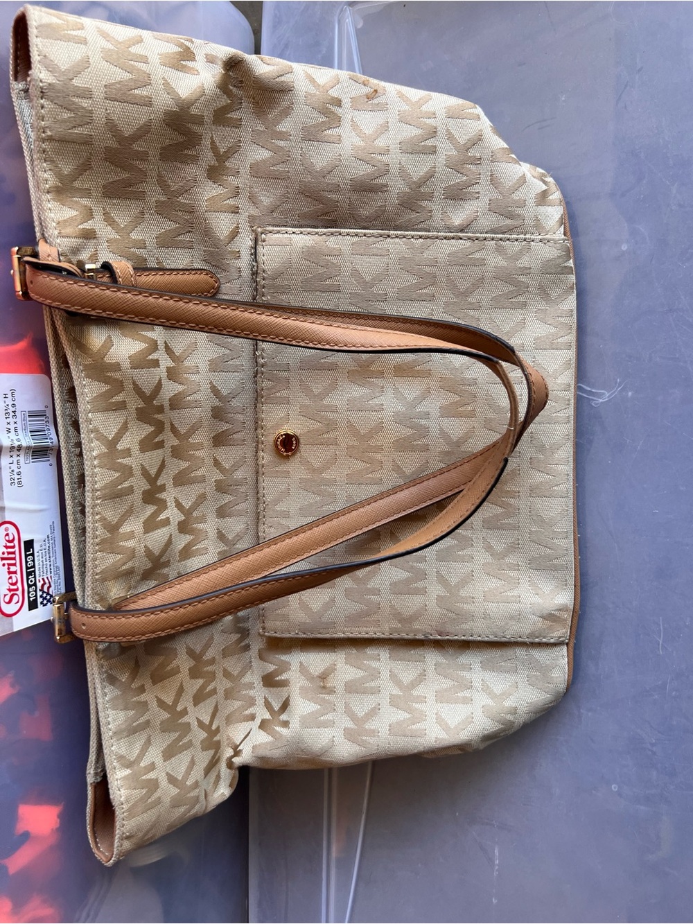 Michael Kors Beige Monogram Tote with Tan Trim